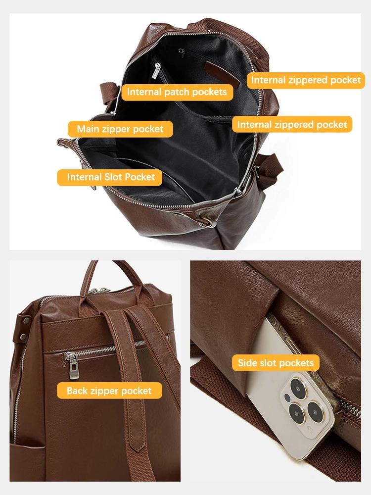 Sac à dos Zency grande capacité pour femme, sac de voyage d'affaires vintage en cuir de vachette ple