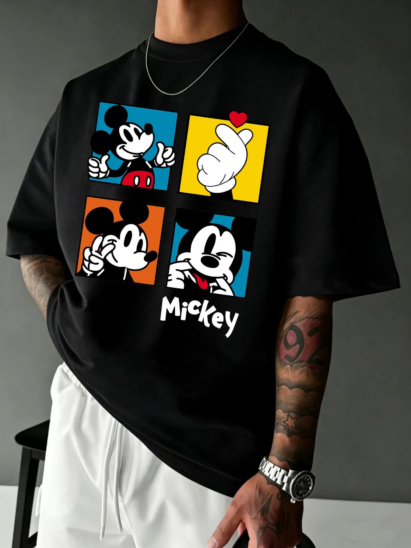 T-Shirt imprimé Mickey Mouse pour hommes, vêtements d'été décontractés, mignons, à manches courtes, 