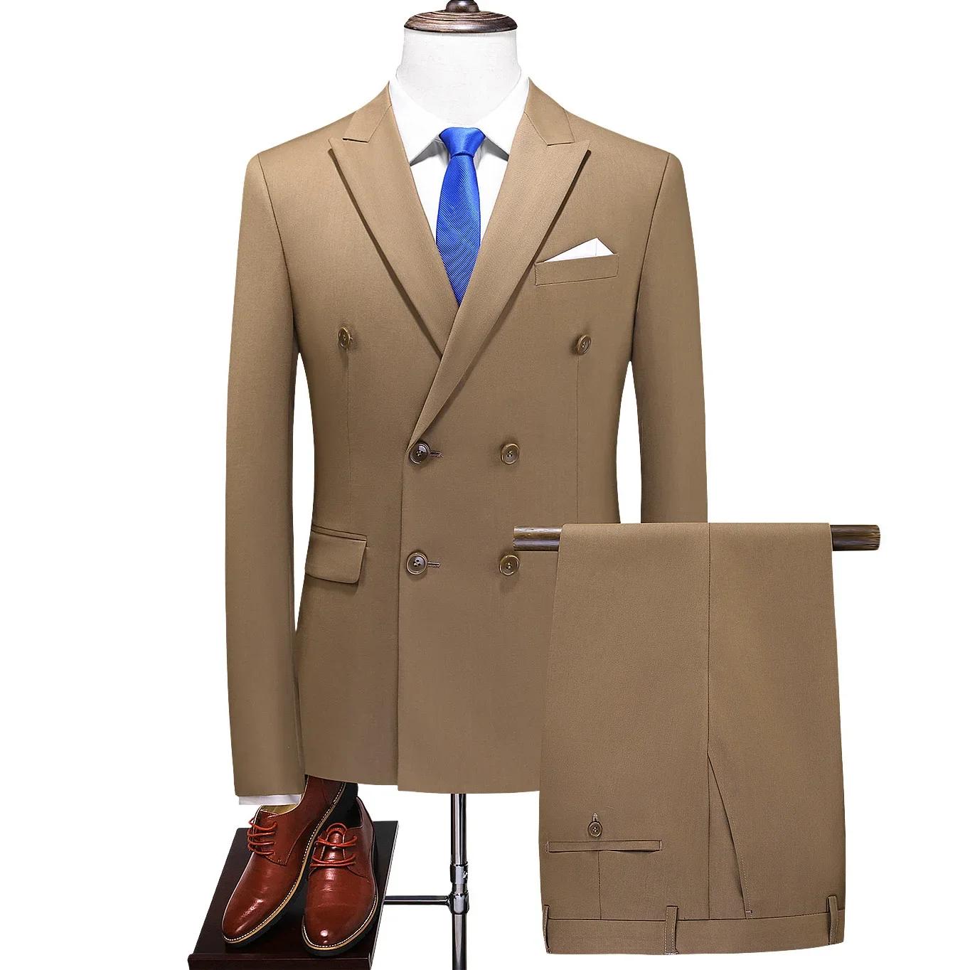 Costume (Blazer + pantalon) pour hommes, mode Business Elegante, couleur unie, décontracté, Double b