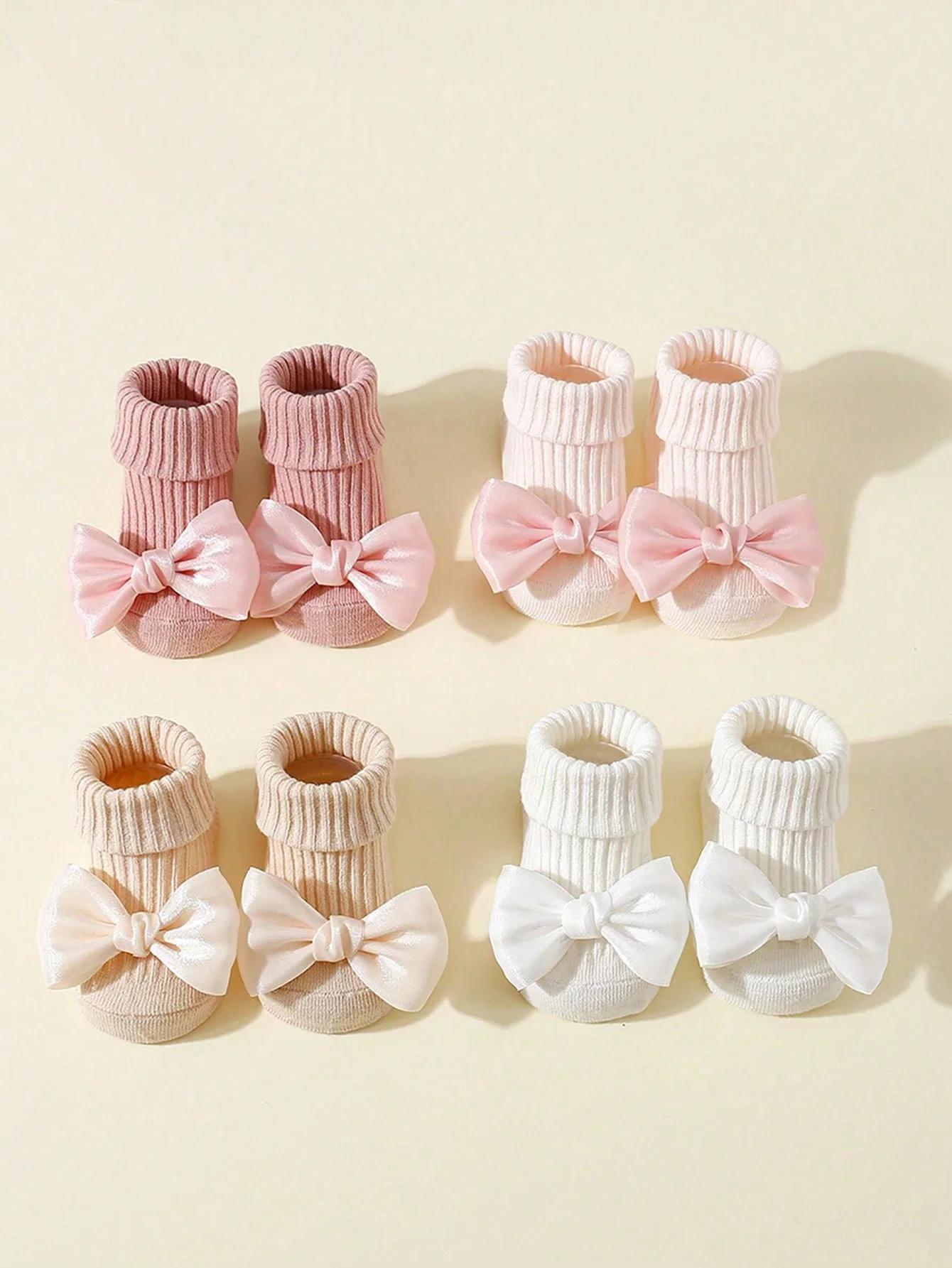 4 paires de chaussettes pour tout-petits avec nœuds, chaussettes mignonnes en coton doux pour bébés 