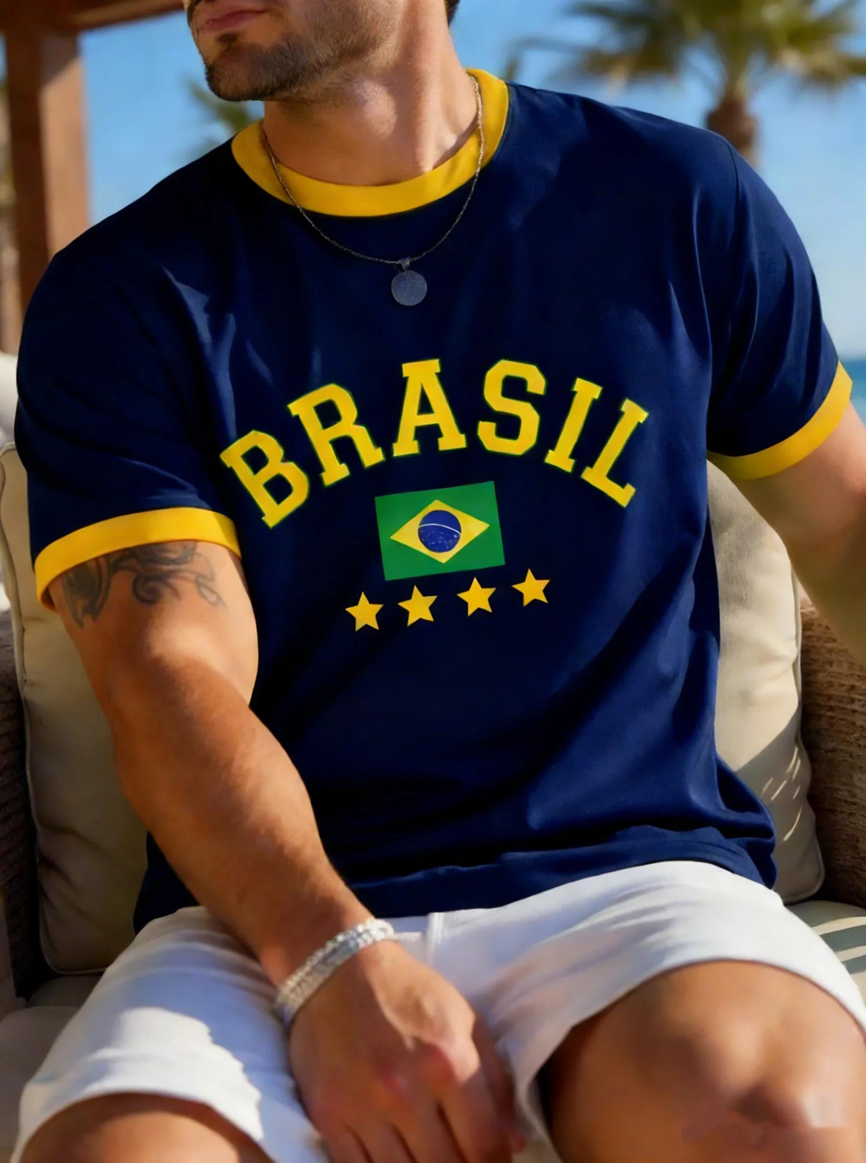 T-shirt d'été pour hommes, imprimé drapeau national du brésil en 3D, haut à manches courtes, col ron