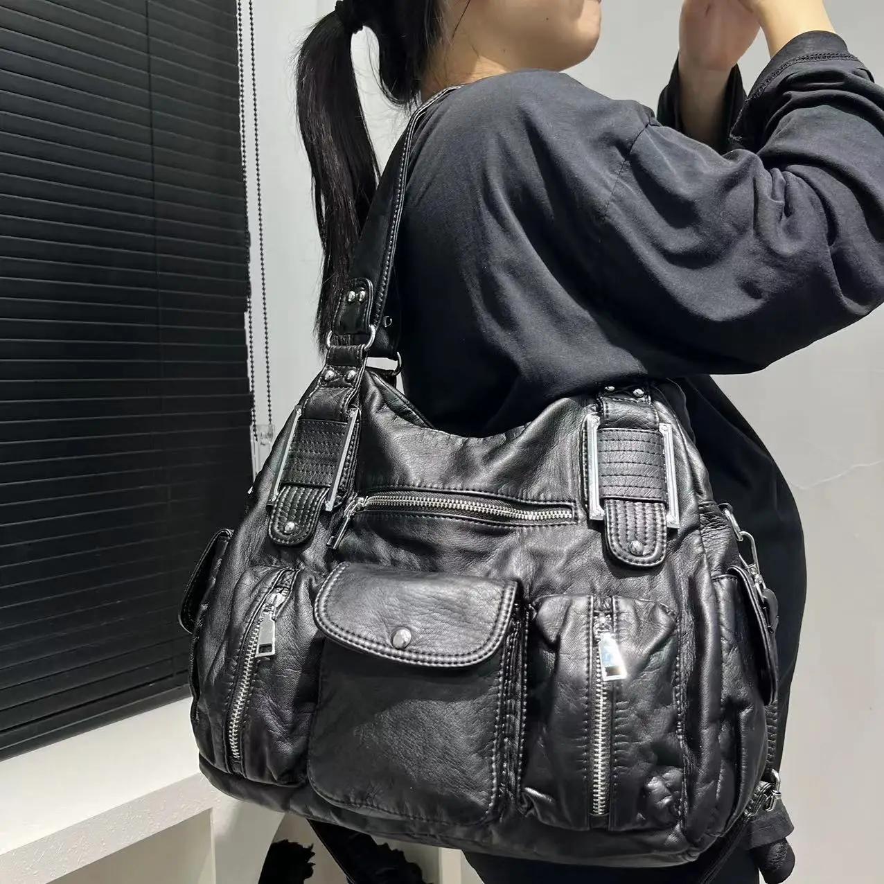 Sac de moto Y2K pour femmes, sac à bandoulière multi-poches à motif de vieille litchi