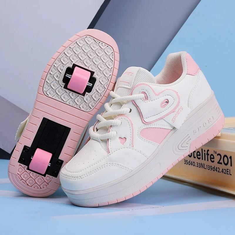 Chaussures de marche respirantes à lacets pour filles, patins de sport rétractables à deux roues pou