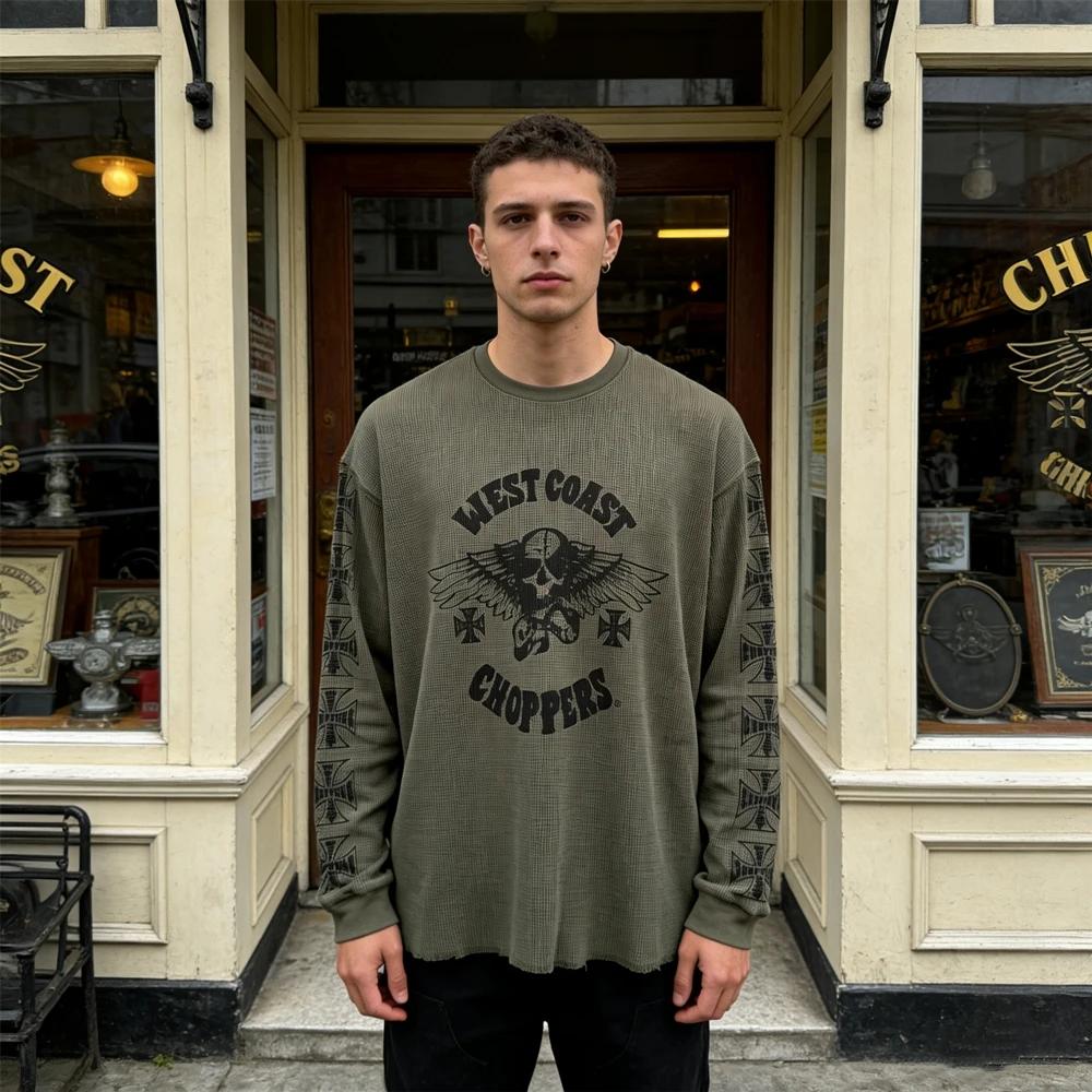T-shirt ample à manches longues pour homme, style américain vintage, imprimé en tissu gaufré, décont