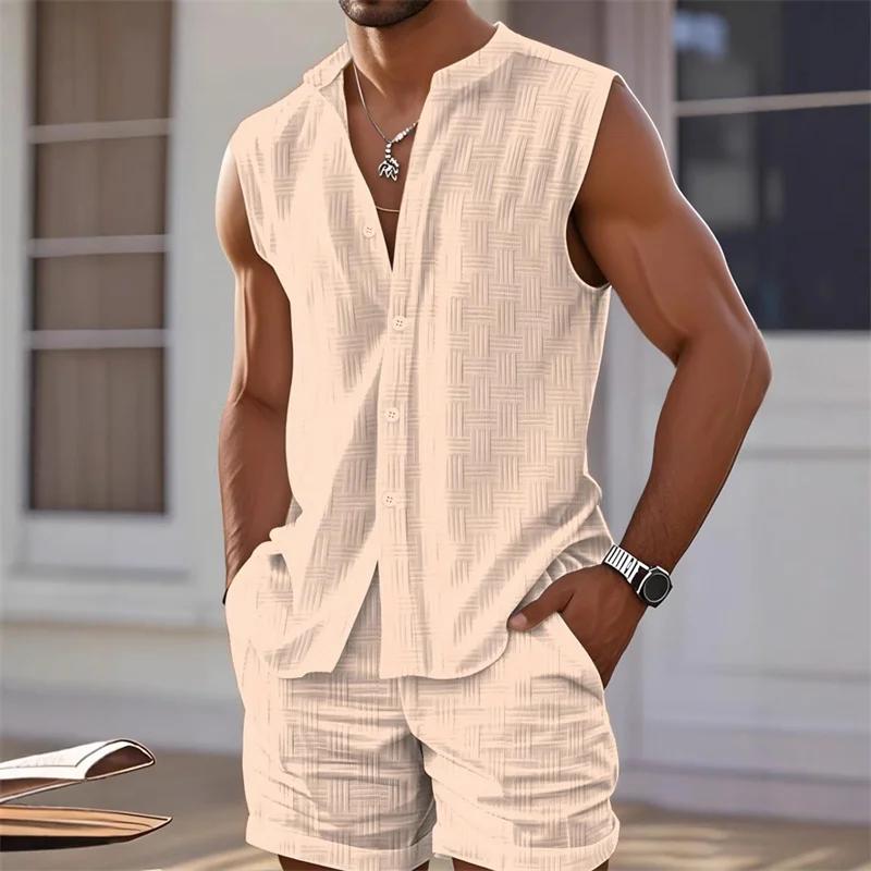 Ensemble deux pièces à carreaux pour hommes, chemise gilet, haut sans manches et short, short sans m