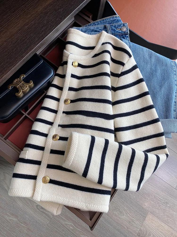 Cardigan à Rayures pour Femme, Col Rond, Simple Boutonnage, Manches sulf, Crop, Y-Fashion, Décontrac