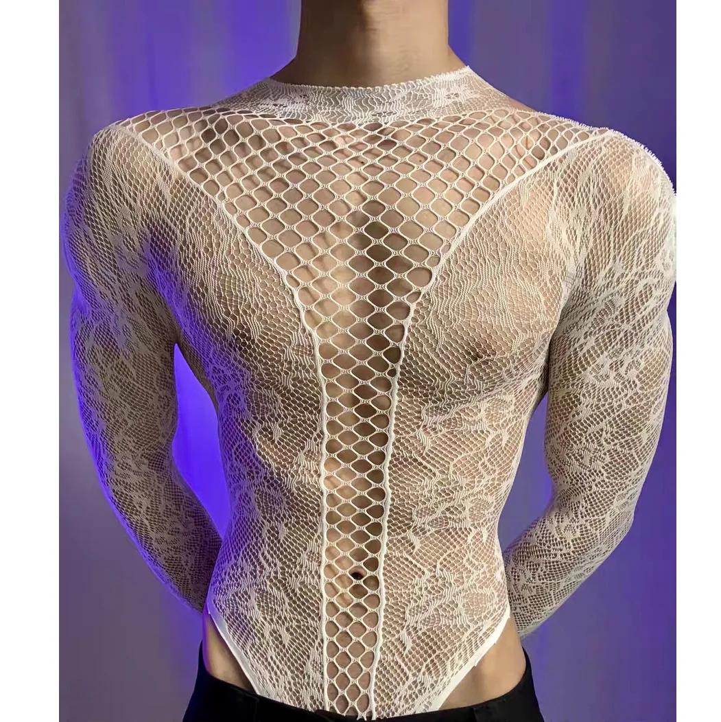 T-shirt d'été en maille transparente à manches longues et col rond pour hommes et femmes, combinaiso