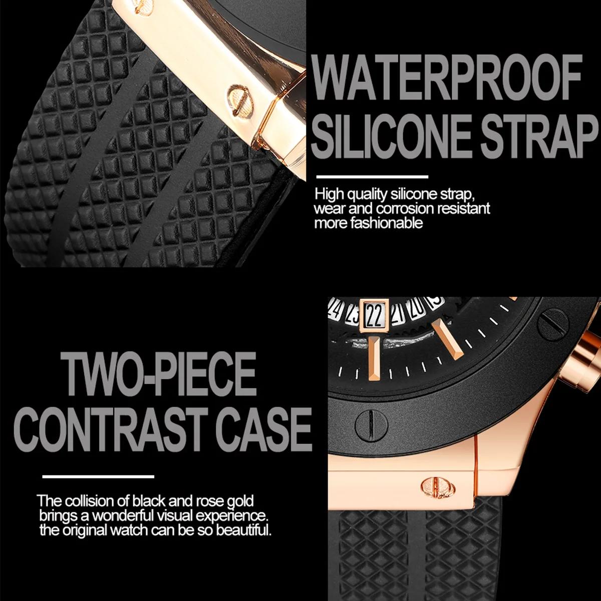 Montre de sport en Silicone noir pour hommes, main ajourée de 46mm, grand cadran, or Rose, Style mil