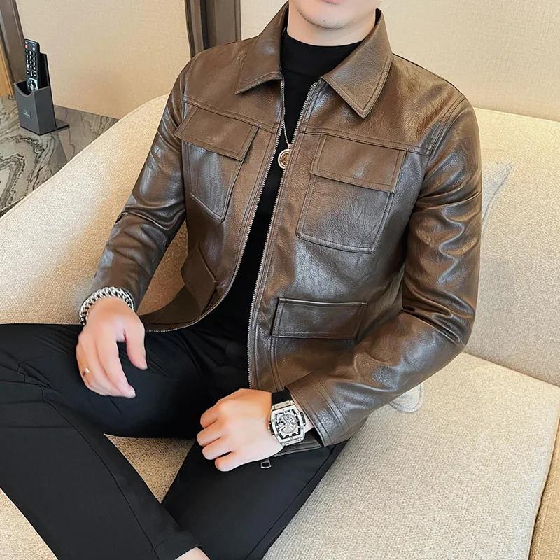 Veste en similicuir PU de haute qualité, mode, conception multi-poches, CombMan, Vintage Business, S