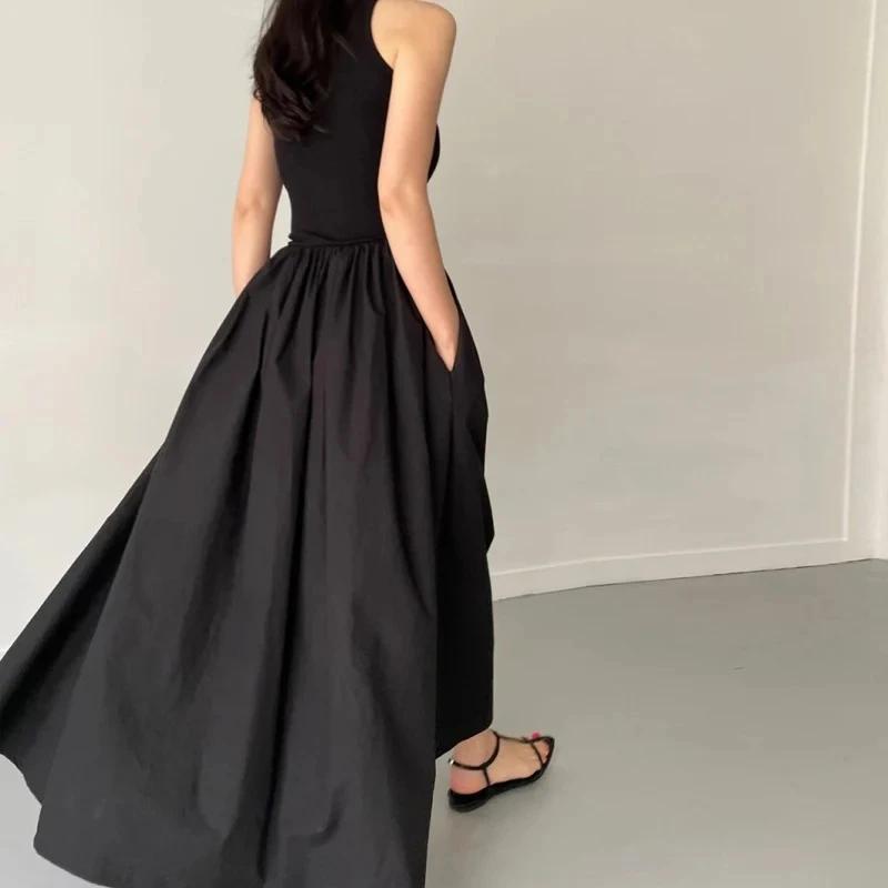 Robe longue noire Simple et élégante pour femmes, col rond, sans manches, taille haute, tempérament,