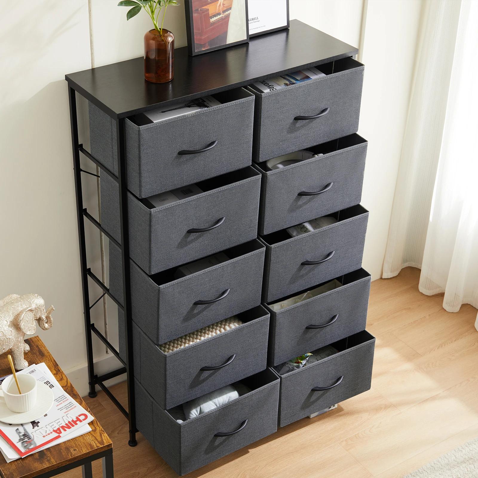 JHK Table de chevet pour chambre à coucher avec 10 tiroirs en tissu, armoire de rangement avec cadre