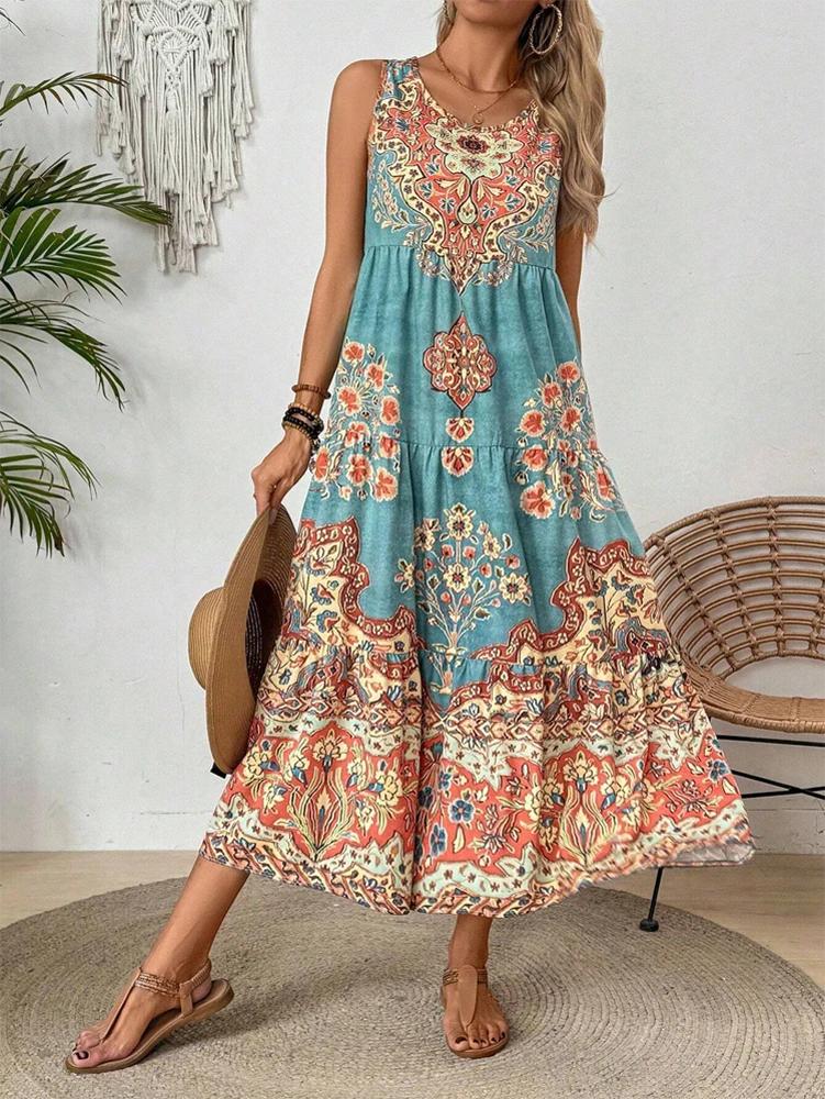 Robe d'été sans manches à col rond imprimée pour femmes, adaptée aux vêtements décontractés ou de pl