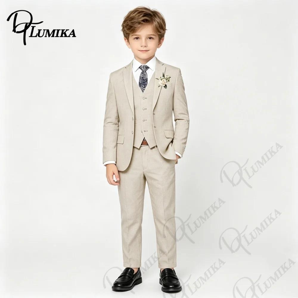 Costume en lin beige pour garçons, 4 pièces, avec cravate florale, ensemble formel pour enfants, mar