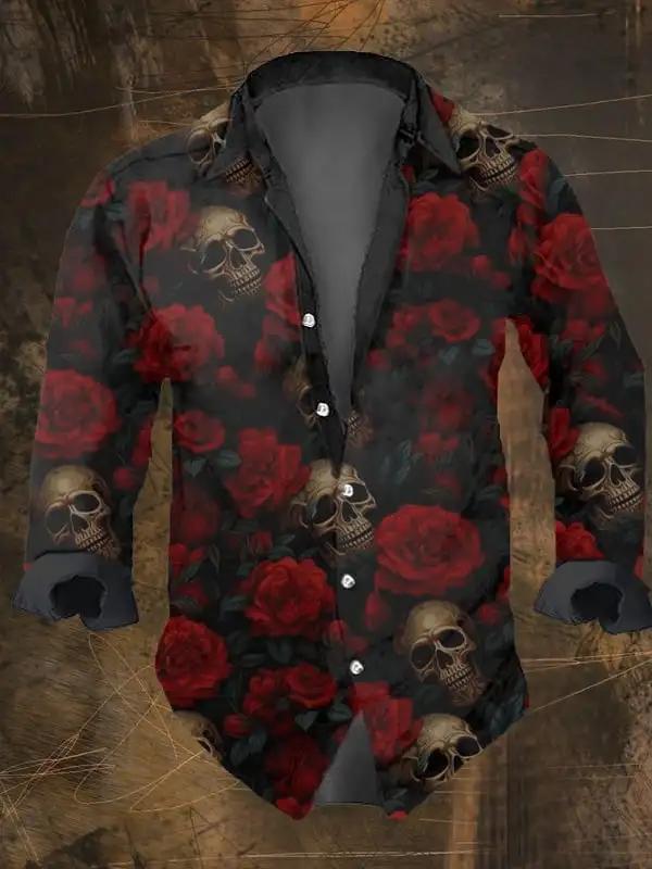 Mode hommes Vintage crâne foncé imprime chemises à manches longues imprimé crâne hauts noirs coupe r