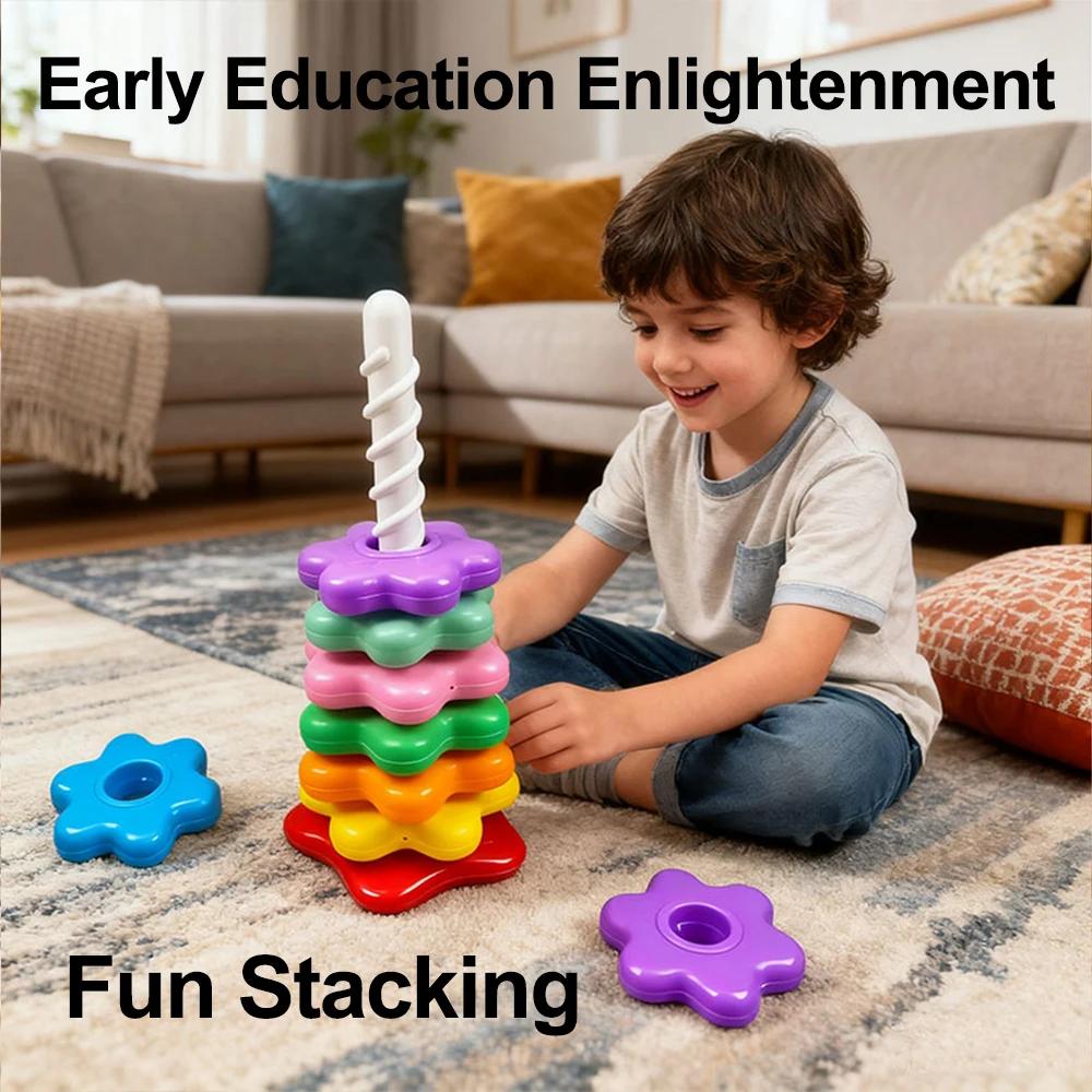 Tour arc-en-ciel rotative pour bébé, Puzzle à empiler Montessori, jouets éducatifs de sécurité pour 
