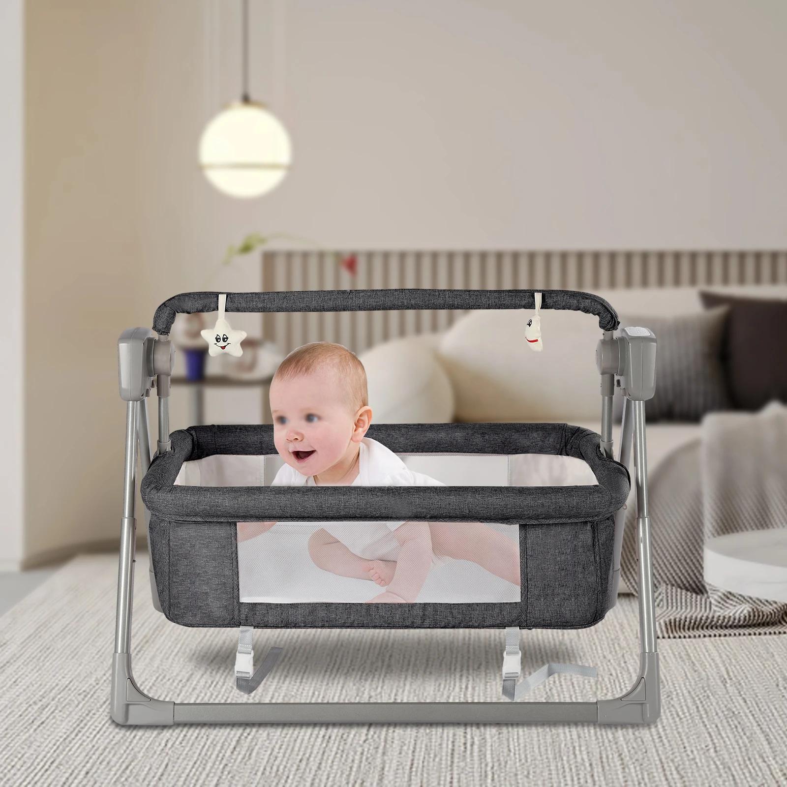 Berceau électrique gris/kaki, lit balançoire pour bébé, panier de berceau inclinable à bascule autom