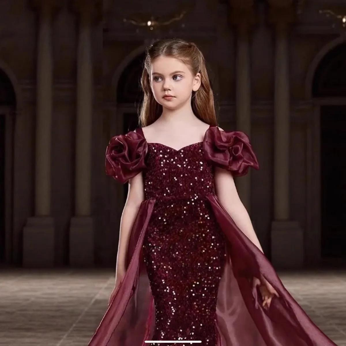 Nouvelle robe de princesse sirène à paillettes pour filles 2026, robe élégante rouge pour spectacle 