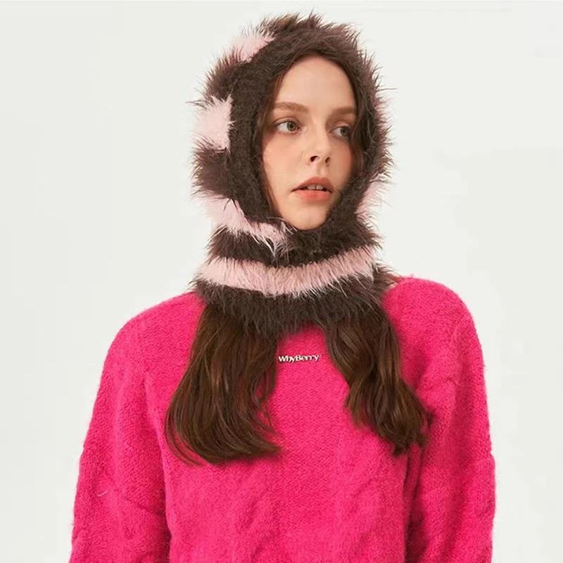 Cagoule en peluche mélangée de laine 2024, couleur contrastée, tricotée moelleuse pour femmes, prote