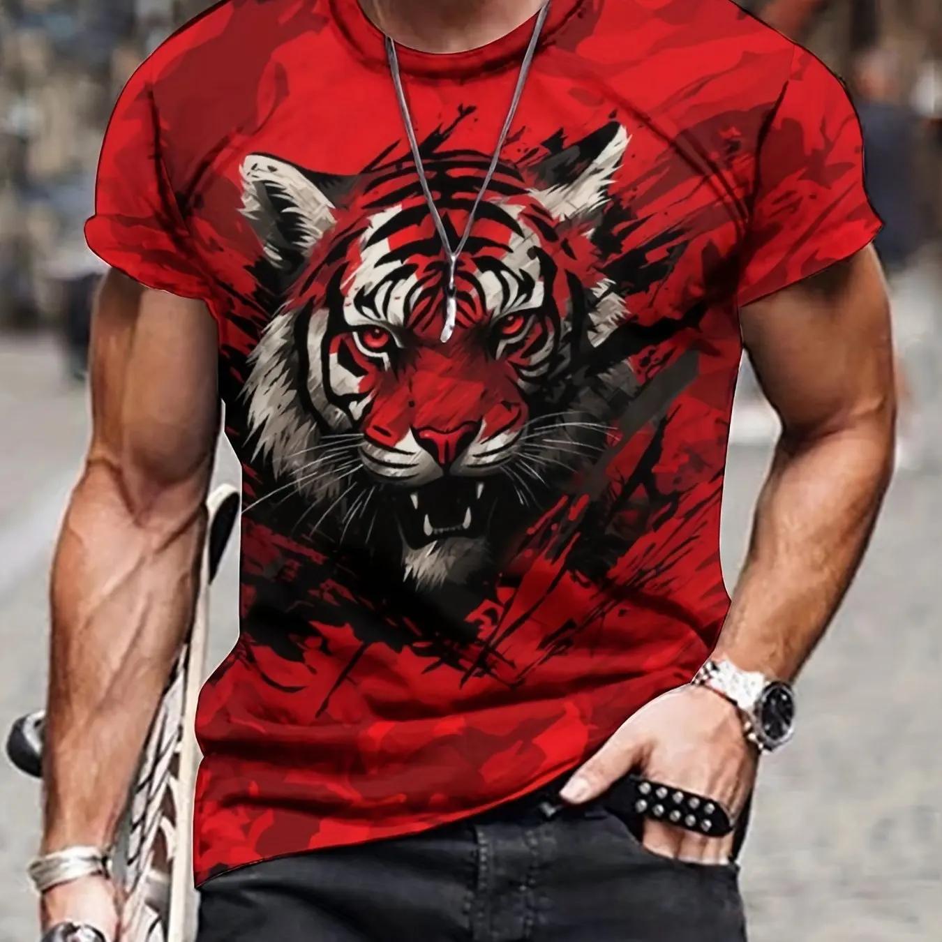T-shirt d'été à motif lion et tigre 3D pour hommes, T-shirt respirant micro élastique décontracté, a