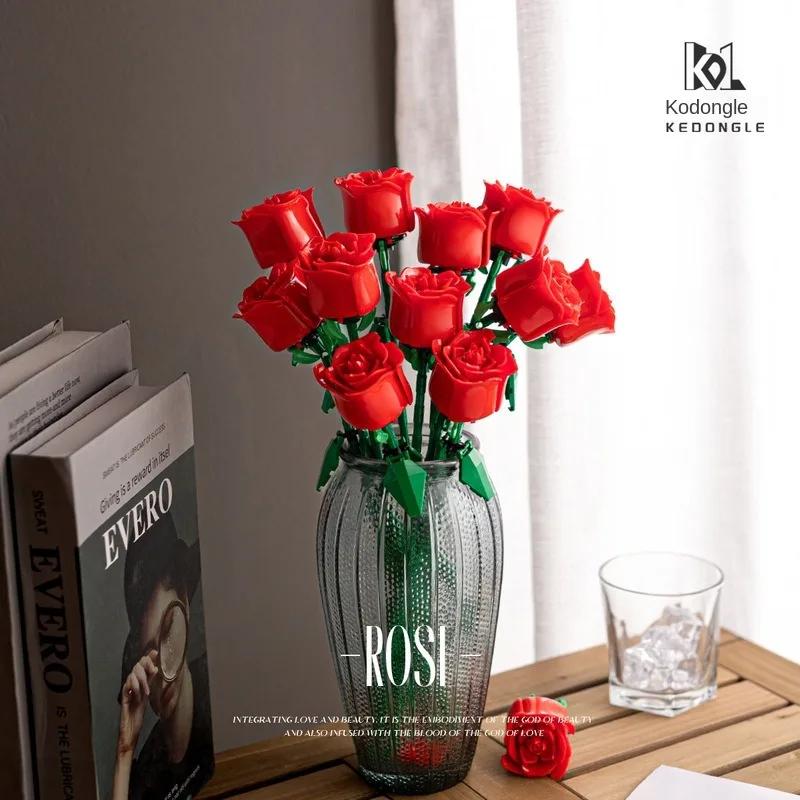 Blocs de construction de roses pour la saint-valentin, bouquet immortel, puzzle, pièces, jouet, déco