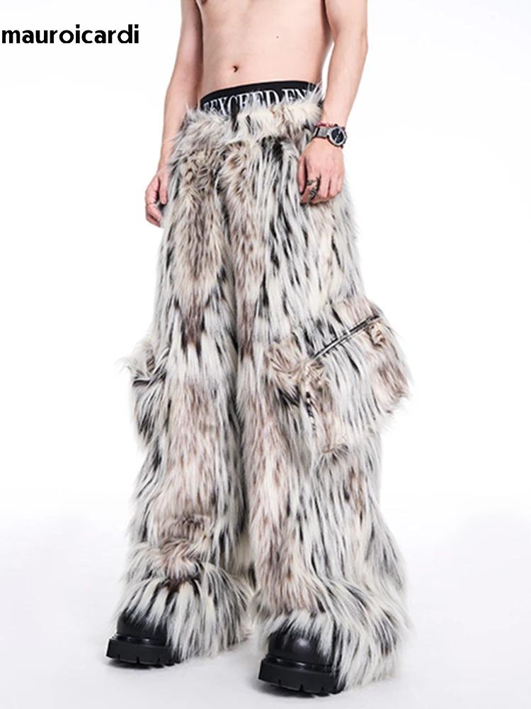 Mauroicardi automne hiver longue coloré épais chaud poilu moelleux fausse fourrure pantalon à jambes