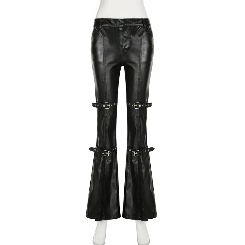 SUCHCUTE PU cuir Flare pantalon Goth boucle dentelle Patchwork pantalon femmes mode Y2K Streetwear V