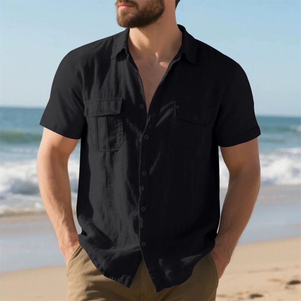 Chemise d'été à manches courtes en coton et lin pour hommes, Double poche, couleur unie, chemises Ca
