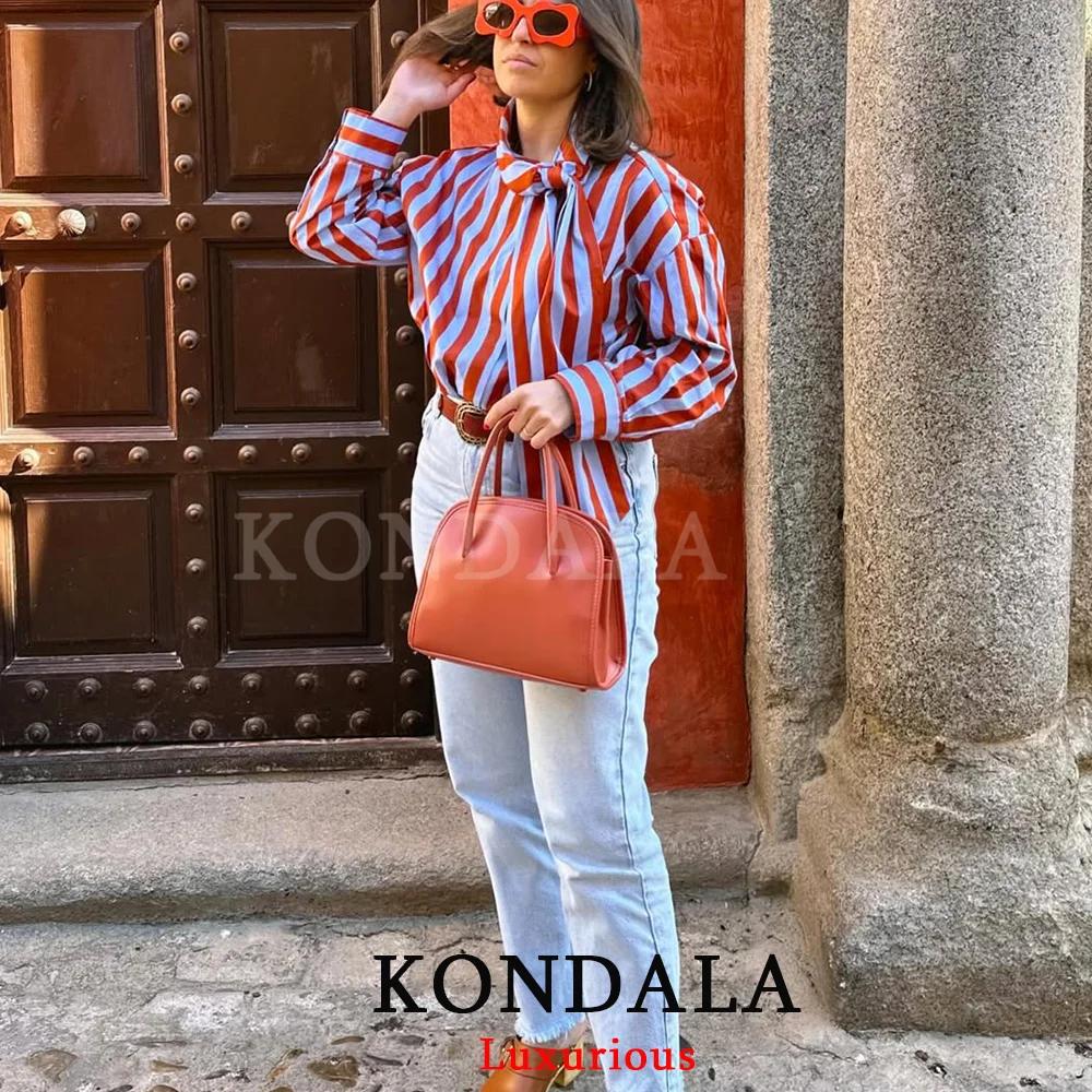 KONDALA Blouse Vintage Femme Rayée Col Rabattu Nœud Manches Longues Boutonnage Simple Mode Printemps