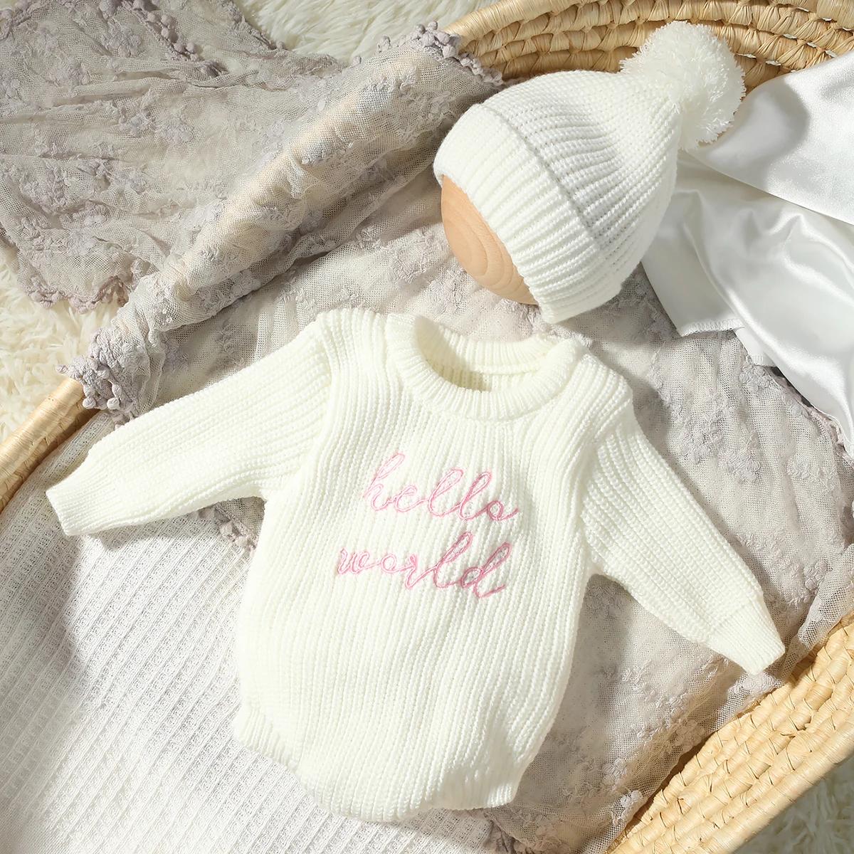 Ylsteed Hello World tricot nouveau-né photographie barboteuse avec chapeau à pompon assorti bébé gar