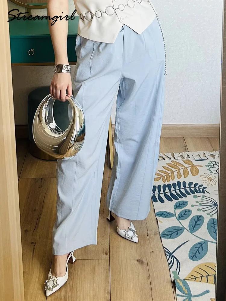 Pantalon d'été en coton pour femmes, coupe large, bleu, avec bande élastique, jambe droite, blanc, a