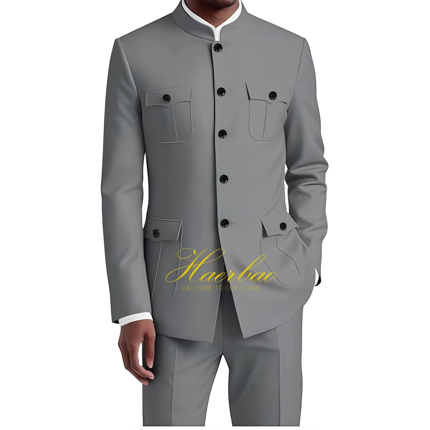 Costume chinois pour homme, ensemble formel 2 pièces, veste à col, coupe ajustée, blazer 4 poches, c