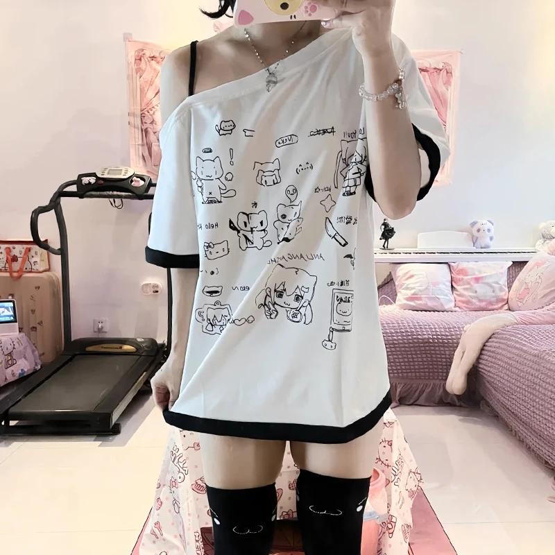 Japonais Y2k sous-culture mignon T-shirt épaules dénudées blanc à manches courtes été T-shirt femme 