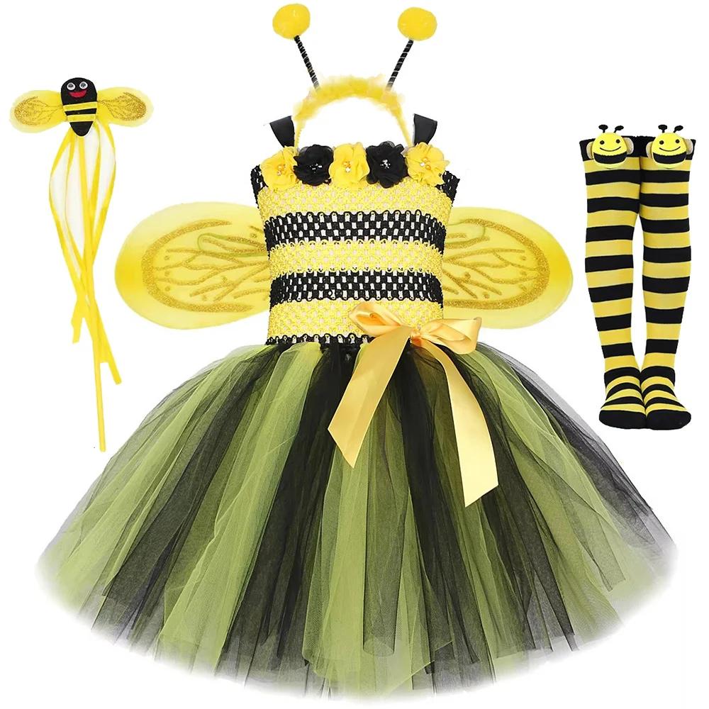 Costumes d'abeilles à fleurs pour bébés filles, robe Tutu jaune et noire avec ailes, tenues d'annive