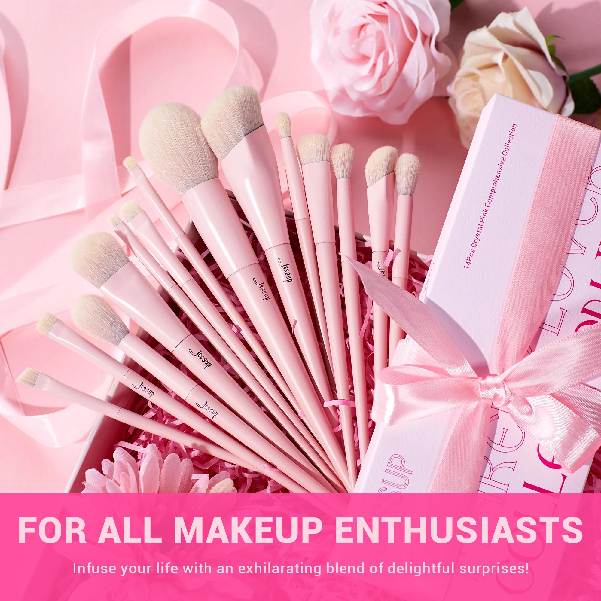 Jessup-Ensemble de pinceaux de maquillage roses, 14 pièces, premium, vegan, fond de teint, blush, fa