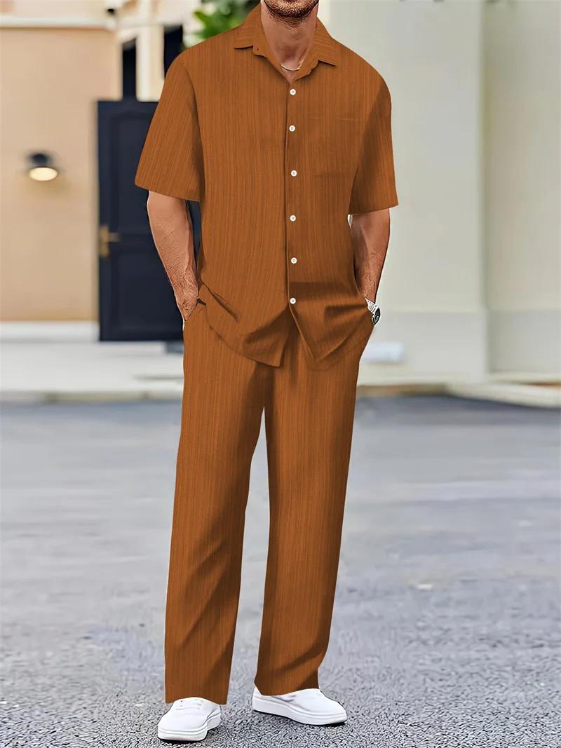 Printemps été hommes ensembles cardigan à manches courtes chemise à revers + pantalon costume hommes