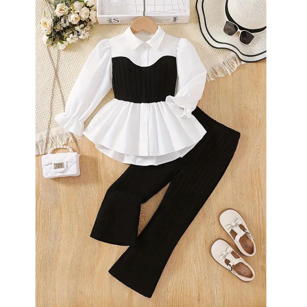 Ensemble 2 pièces en tricot à manches longues pour filles, haut + pantalon en tricot extensible, ten