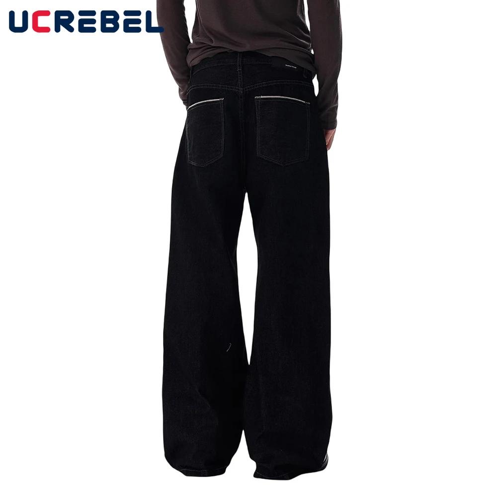 Poche pantalon en jean brut hommes couleur unie rétro haute rue droite jambe large jean foncé hommes