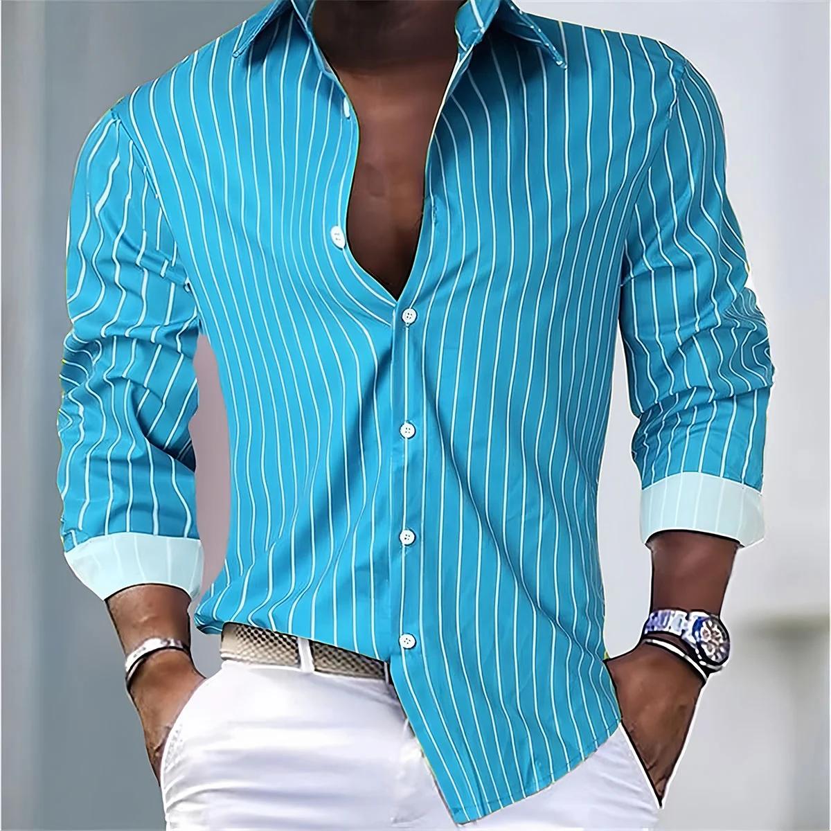 Chemise ample à rayures pour hommes, 16 couleurs, décontractée, respirante, bouton à revers, manches