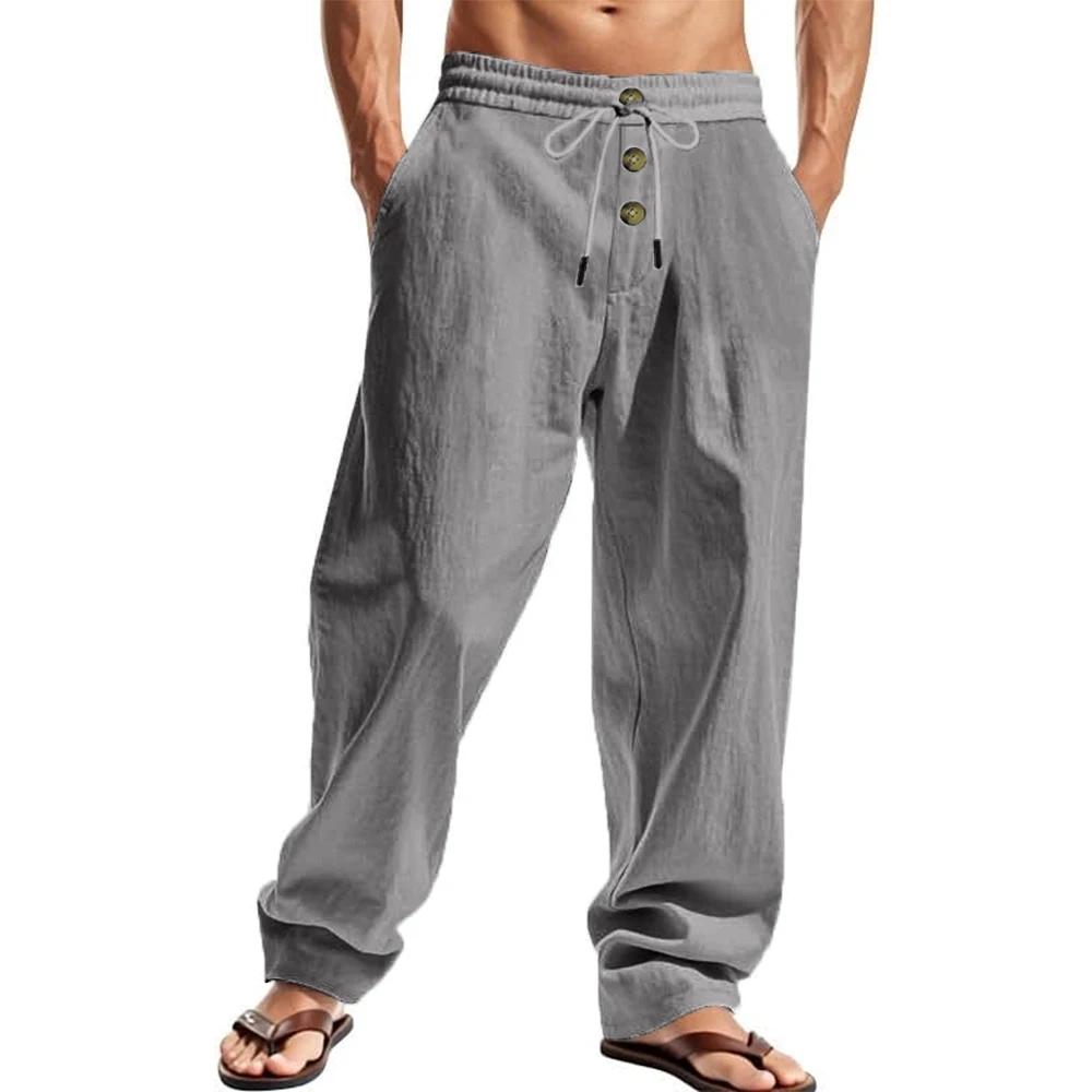 Pantalon respirant décontracté pour hommes, couleur unie, taille élastique, boutons, ample, Fitness,