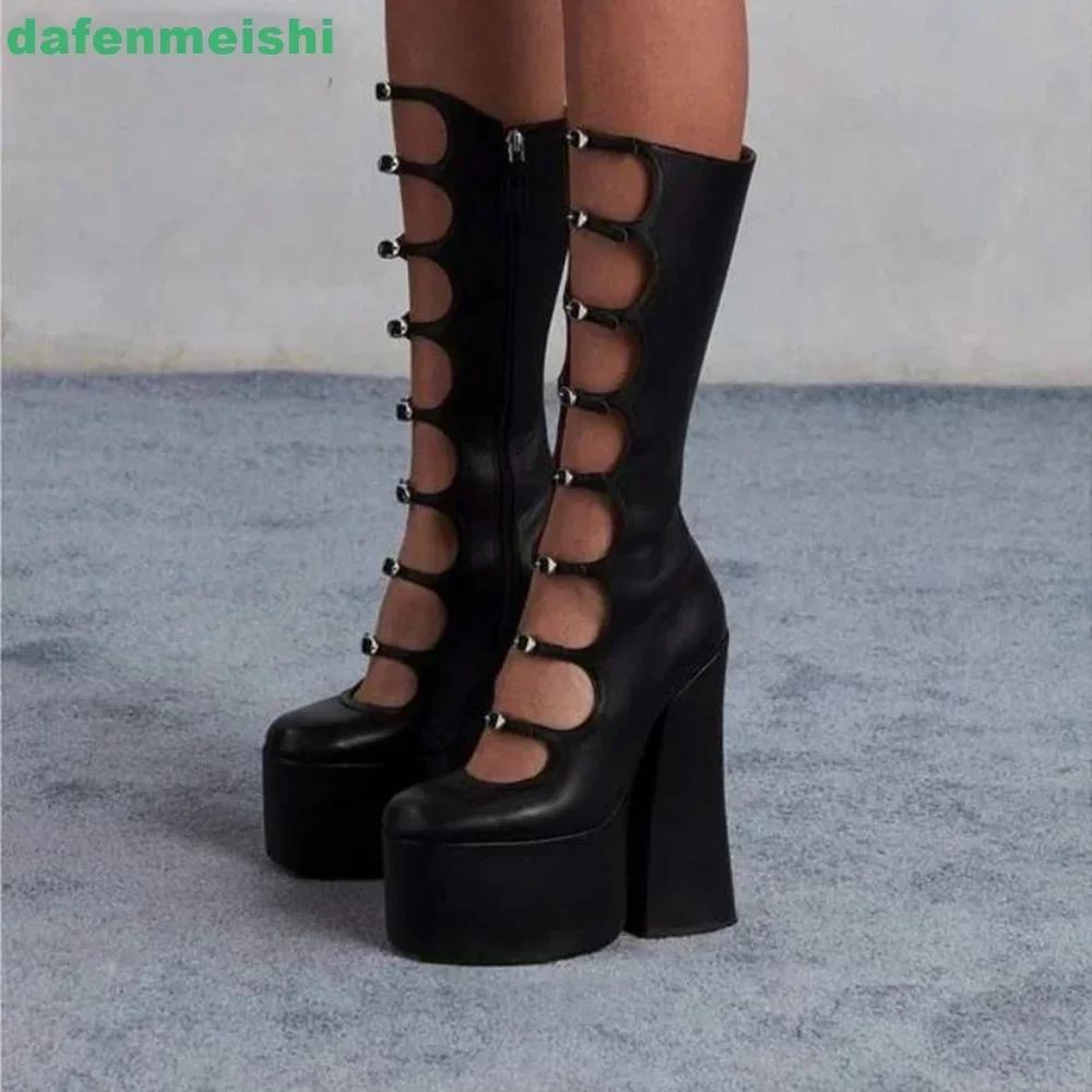 Bottes creuses mi-mollet pour femmes, chaussures à plateforme, fermeture éclair, talon carré, sangle