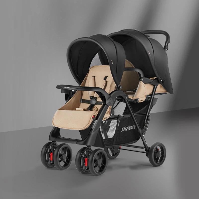 Poussette double légère pour bébé, peut s'asseoir ou s'allonger, siège avant et arrière pliable