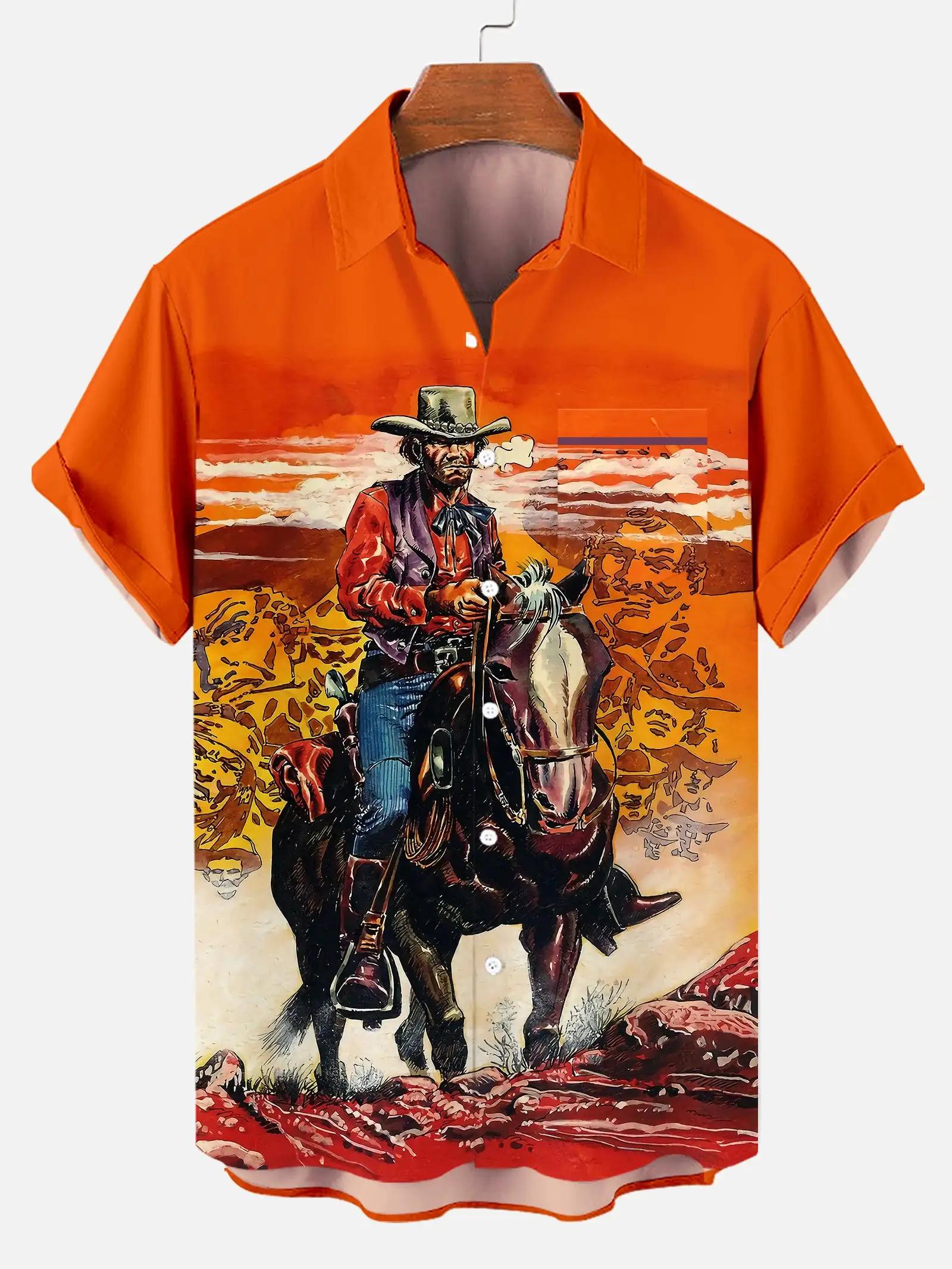 Chemise de cowboy équestre rétro décontractée pour hommes, impression 3D, chemise à col coloré, chem