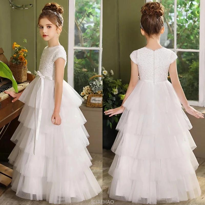 Robe de mariée blanche pour filles, robes de gâteau pour enfants, robe de princesse de fête d'annive