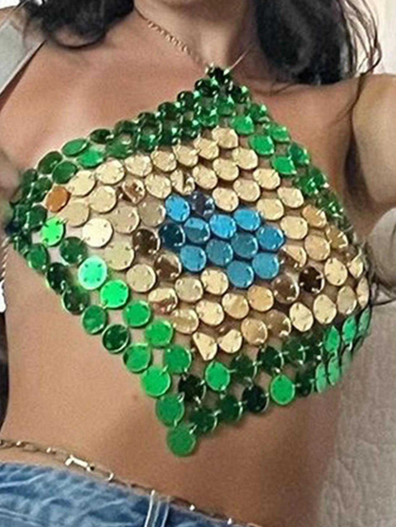 Haut court sexy à sequins métalliques pour femme, collection été 2026, transparent et brillant, idéa