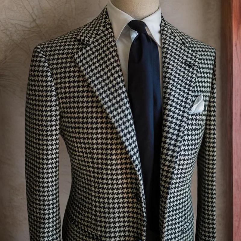 Blazer d'affaires pied-de-poule pour hommes, veste de costume à revers cranté à carreaux, manteau fo