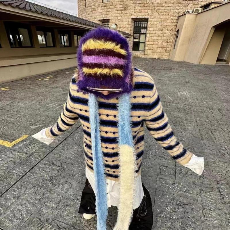 Cagoule en peluche mélangée de laine 2024, couleur contrastée, tricotée moelleuse pour femmes, prote