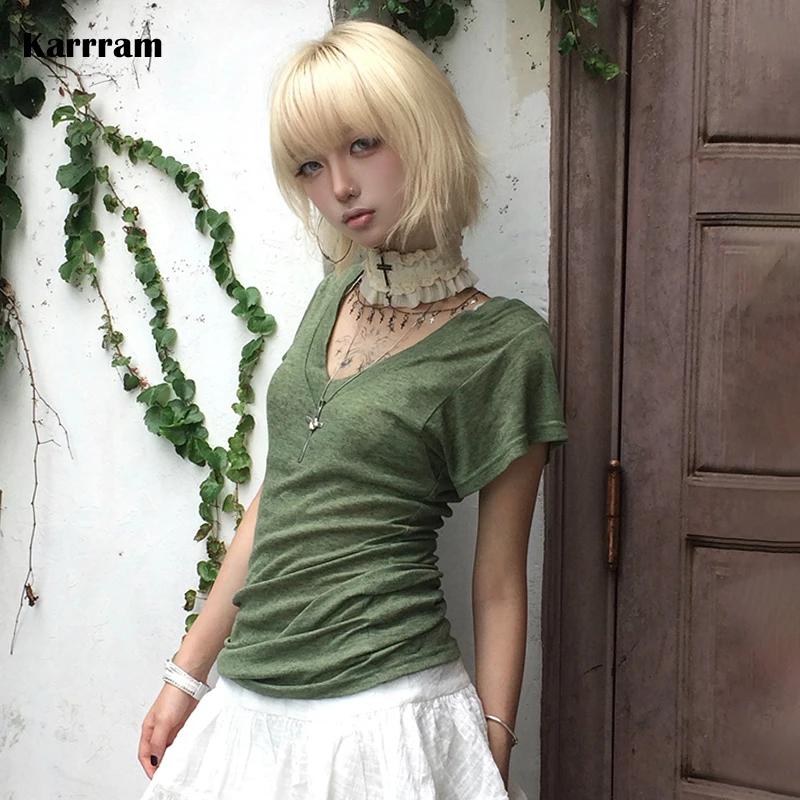Karrram japonais Y2k vert tricoté T-shirt Trashy 2000s Style col en v haut Vintage Harajuku manches 