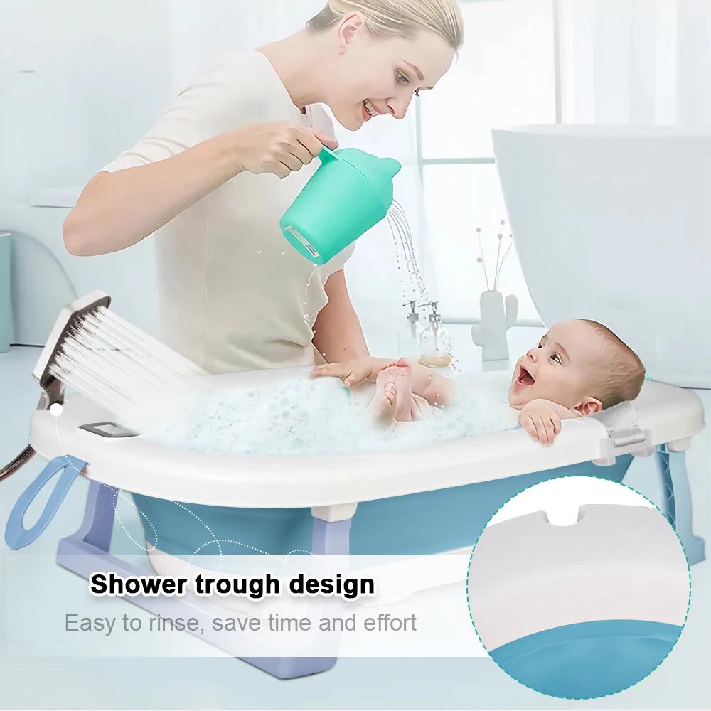 Baignoire Bébé Pliable, Avec Thermometre Digital, Coussin De Bain, Compacte Portable, Rose/Gris/Bleu