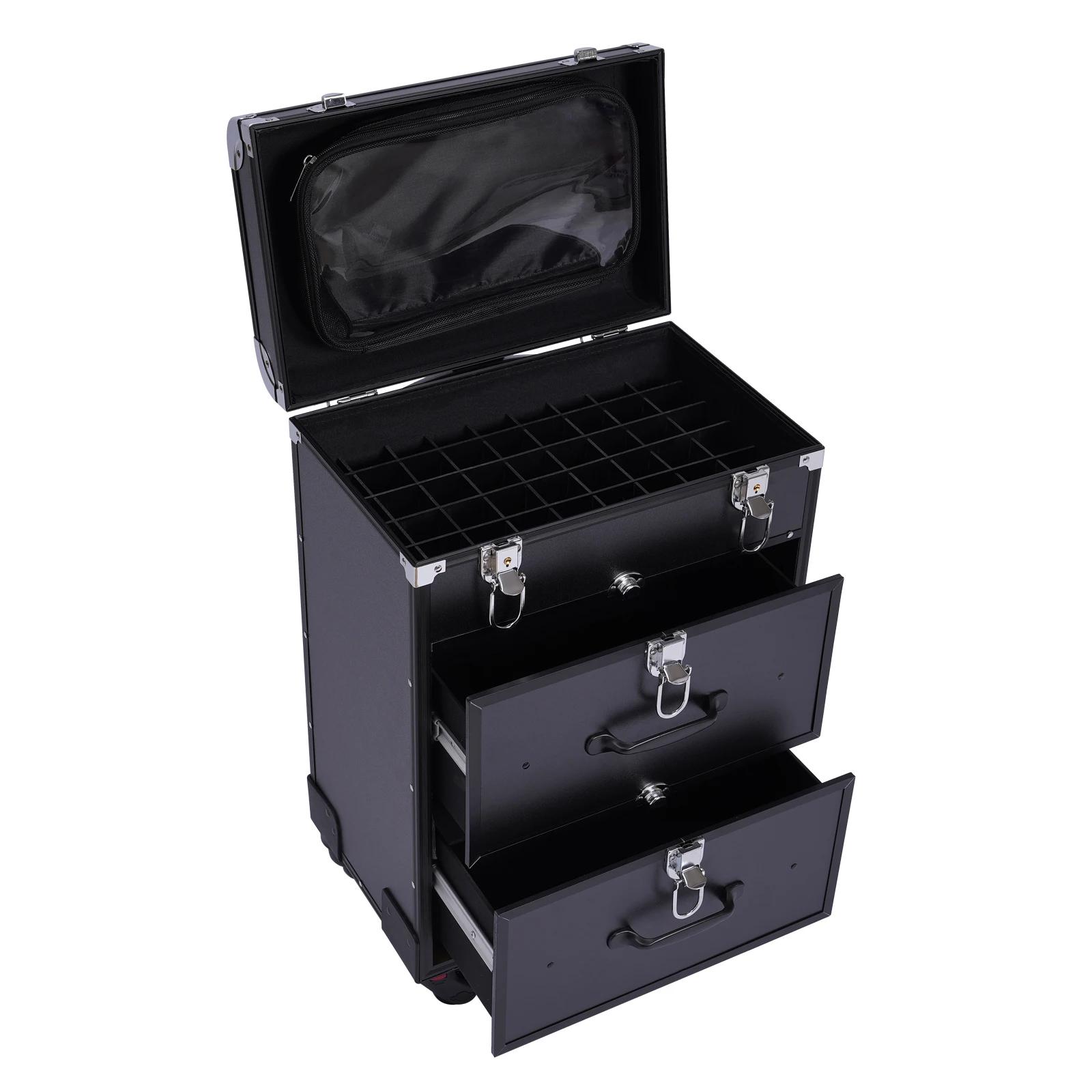 Valise à roulettes de maquillage à 3 niveaux, cadre en alliage d'aluminium, chariot cosmétique avec 