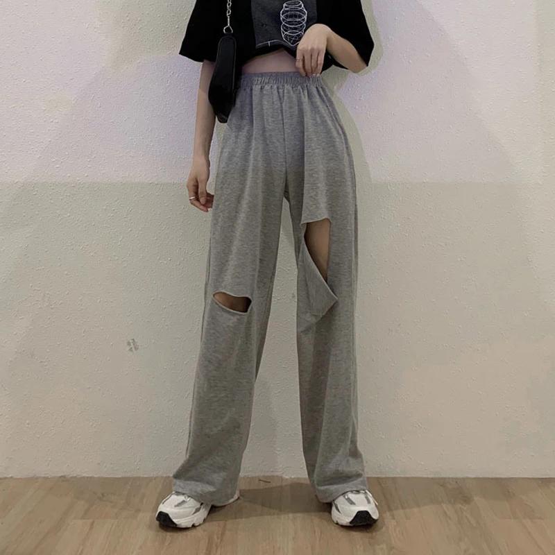 Pantalon Harajuku à jambes larges ajouré pour femmes, jogging, troué, Streetwear Chic, pantalon droi